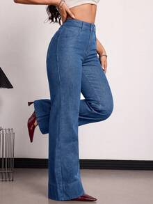 SHEIN EZwear 大尺碼時尚鈕扣口袋直筒牛仔褲，適合日常穿著，秋季款 - 中等水洗藍 - 查看 6