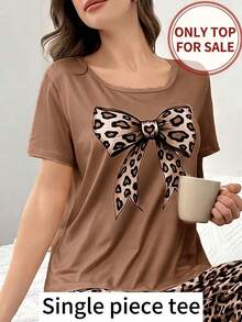 SHEIN Casual Underwear&Sleepwear 1件豹纹蝴蝶结装饰睡衣上衣 - 棕色 - 查看 1