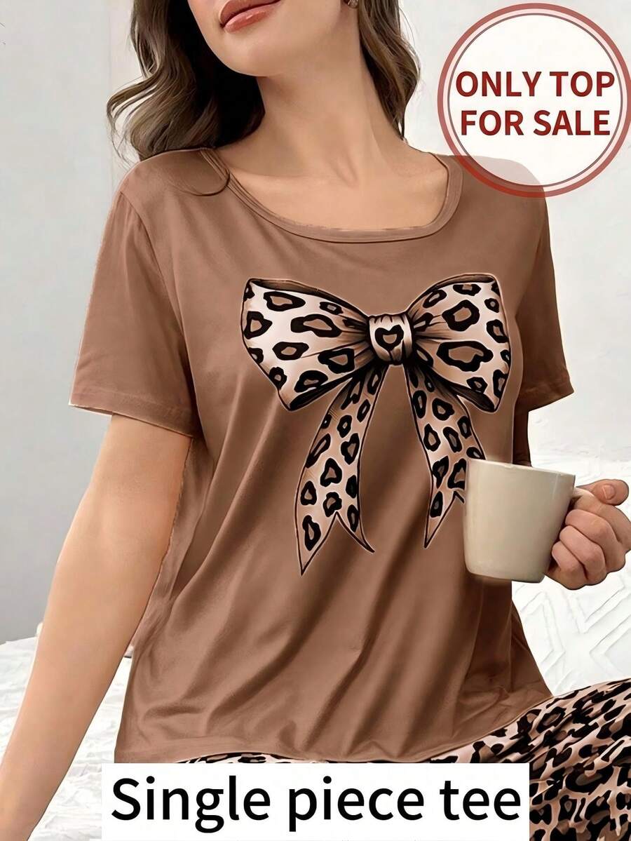 SHEIN Casual Underwear&Sleepwear 1件豹纹蝴蝶结装饰睡衣上衣 - 棕色 - 查看 1