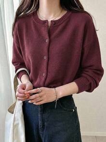 DAZY Cárdigan de punto de lana rojo minimalista de unicolor para mujeres - Burdeos - Ver 9