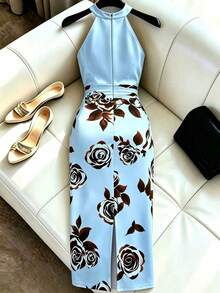 Franclia 女款夏季洋裝，掛脖無袖洋裝，花卉印花洋裝，時尚新款緞面洋裝，金色洋裝，光澤面料展現優雅，女款夏季穿著，海灘裝，夏季度假穿搭，派對穿著，度假穿著，畢業洋裝，優雅女款洋裝，女款伴娘洋裝，女款晚禮服，女款休閒穿著，外出穿著，通勤穿著，商務辦公服裝，都市教師專業穿著，適合約會/派對/晚餐派對及其他場合 - 藍色 - 查看 2