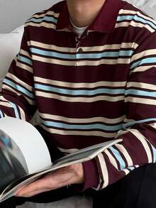 DAZY Spring/Autumn Brown, Beige, Blue Striped Polo Collar Long Sleeve Ribbed Cuff Men's T-Shirt - Multicolor - View 3
