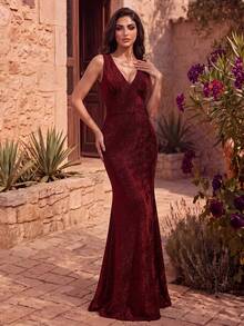 Coutiva Women's Solid Color V-Neck Elegant Waist-Cinched Evening Dress - Red - View 6