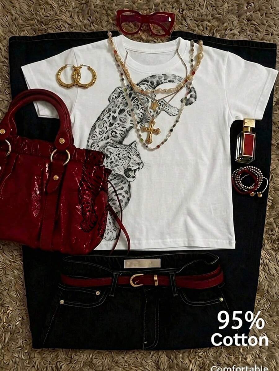 Attitoon Women's Animal Print Casual Versatile Everyday Short Sleeve T-Shirt - Multicolor - View 1