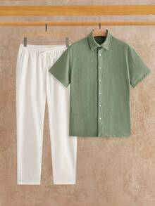 HIMLAND Men's Solid Color Short Sleeve Shirt And Long Pants Casual Daily Outfit - Multicolor - View 6