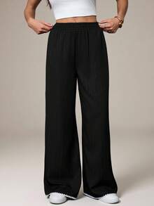 SHEIN Tall Women's Casual Wave Textured Pants, Suitable For Autumn - Black - View 3
