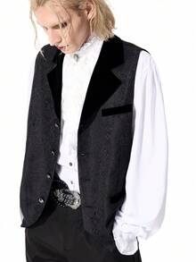 ROMWE MEN Men's Jacquard Lapel NeckSingle-Breasted Business Travel Suit Vest - Black - View 4