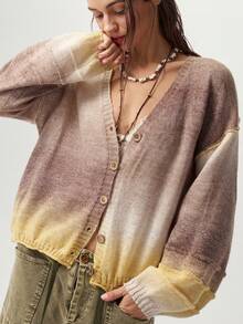Bohemela Cardigan de punto vintage con degradado y cuello en V profundo - Champán - Ver 2