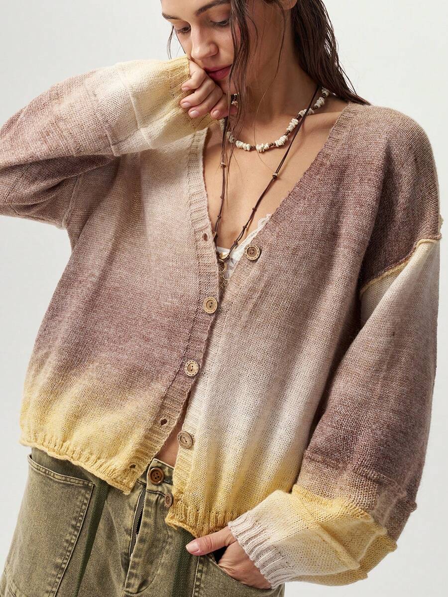 Bohemela Vintage Gradient Deep V-Neck Knit Cardigan - Champagne - View 1