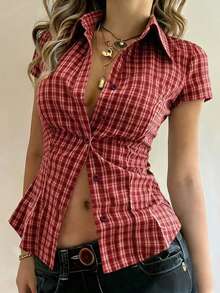EMERY ROSE Light Yellow Fine Plaid Collar Short Sleeve Shirt - Red - View 3