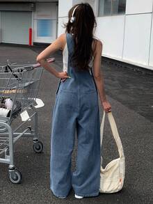 DAZY 女式复古直筒牛仔连体裤和背带裤，夏季工装裤 - 藍色 - 查看 2