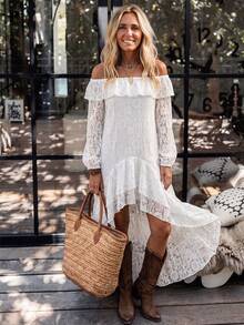 LanaWest Women's Elegant Solid Color Lace Off Shoulder Ruffle Hem High-Low Dress - White - View 4