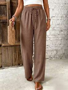 SHEIN Frenchy Women's Striped Print Knotted High Waist Casual Pants - Brown - View 3
