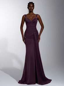 Elitara Elegantes luxuriöses glänzendes feines Glitzer-Mesh-Abendkleid mit Herz-Ausschnitt, Spaghettiträgern, Metallverzierung, Taillen-Twist, seitlich drapiertem Volant, stark verziert, geeignet für Date, Urlaub, Junggesellinnenabschied, Hochzeit und Event - Dunkelviolett - Übersicht 8