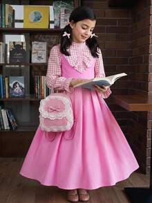 SHEIN Tween Girl Tween Girl Plaid Patchwork Pleated Casual Family Matching Cute Daily Holiday School Autumn Dress Back-To-School Pink Primary Middle Pinafore - Pink - View 3