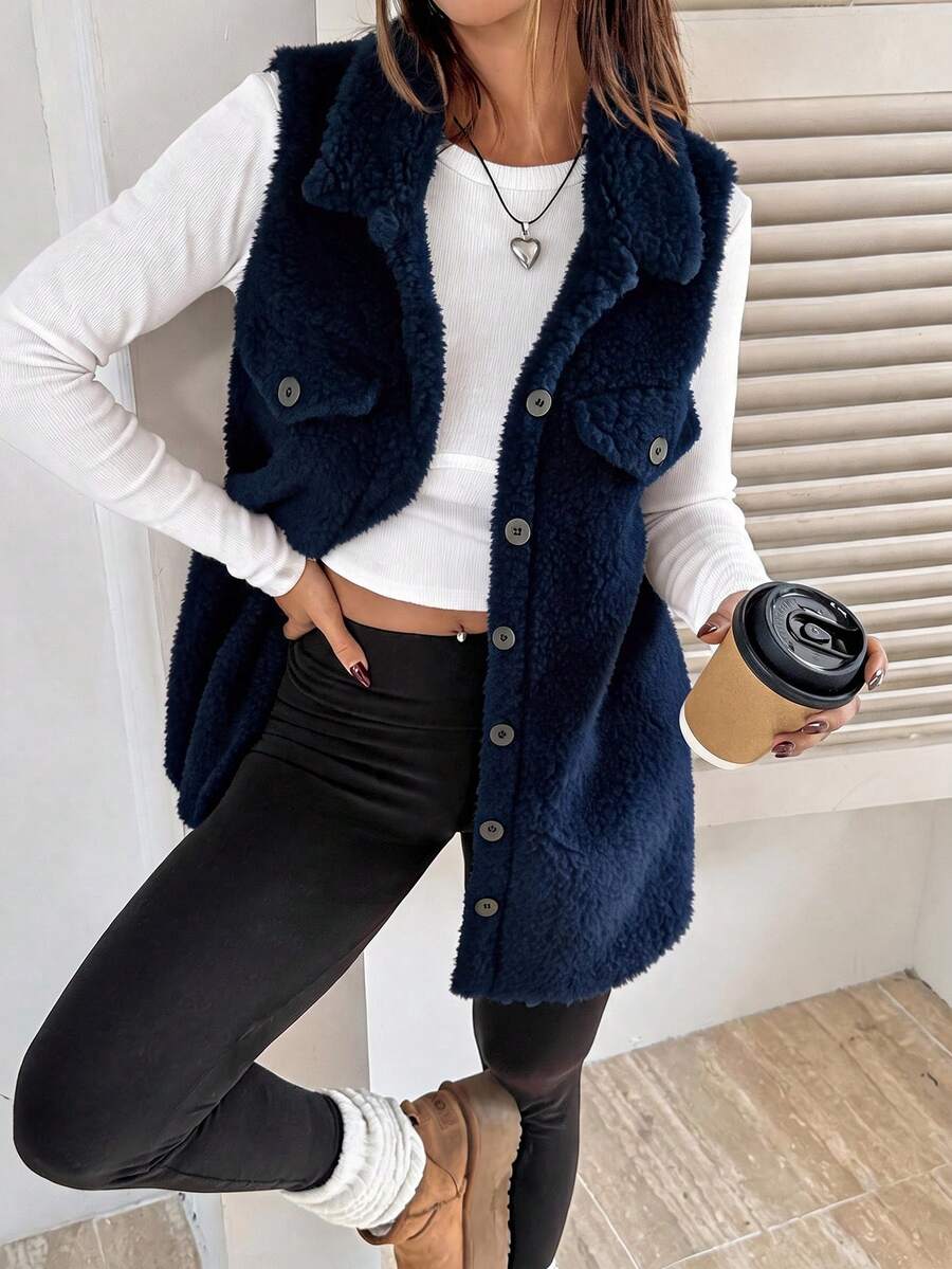 SHEIN EZwear 1件女款純色鈕扣前襟無袖口袋休閒背心,秋冬日常穿著 - 藏蓝色 - 查看 1