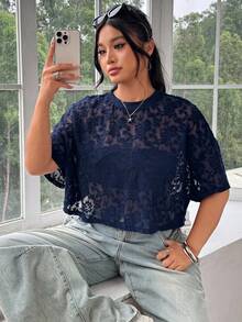 SHEIN EZwear 大尺碼女款海軍藍花卉網紗圓領短袖上衣 - 藏蓝色 - 查看 5