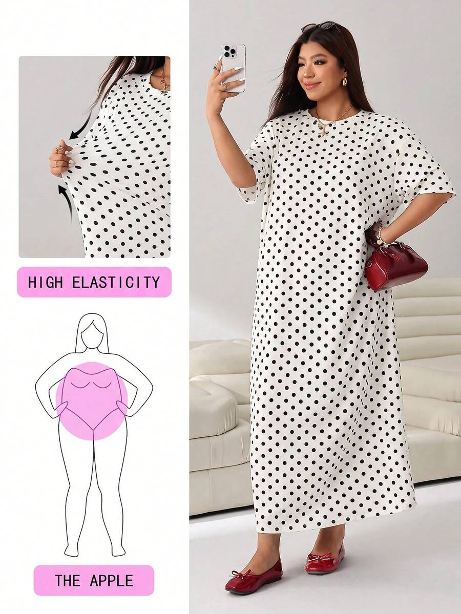 Solflare Plus Size Polka Dot Print T-Shirt Dress - White - View 1