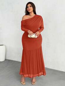 Firerie Plus Size Women Solid Color Asymmetrical Neck Ruched Fishtail Hem Elegant Dress Fall - Orange - View 7
