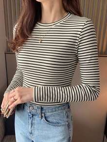 DAZY 女款條紋拼色休閒百搭日常短袖T恤 - 杏色 - 查看 2