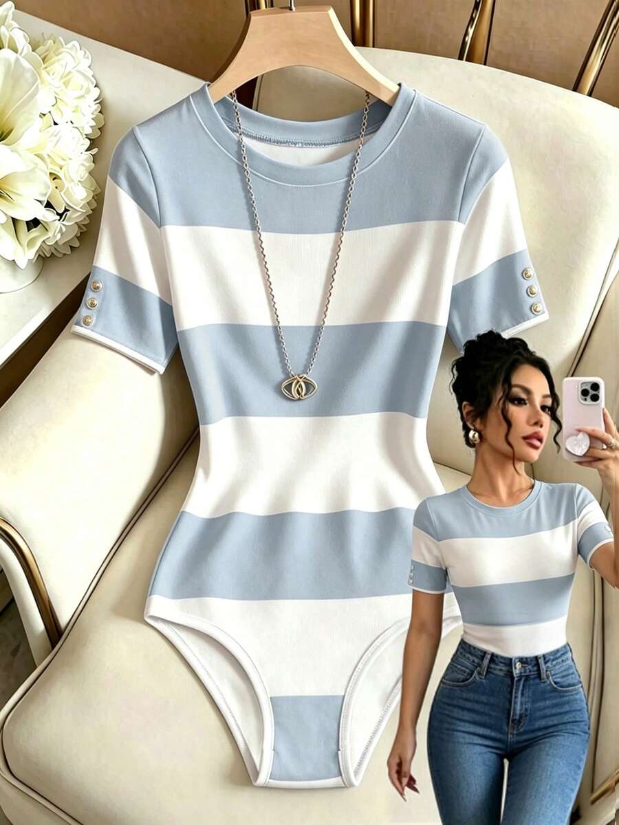 SHEIN Franclia 女款條紋圓領鈕扣裝飾短袖連身衣,夏季休閒 - 淺色水洗藍 - 查看 1