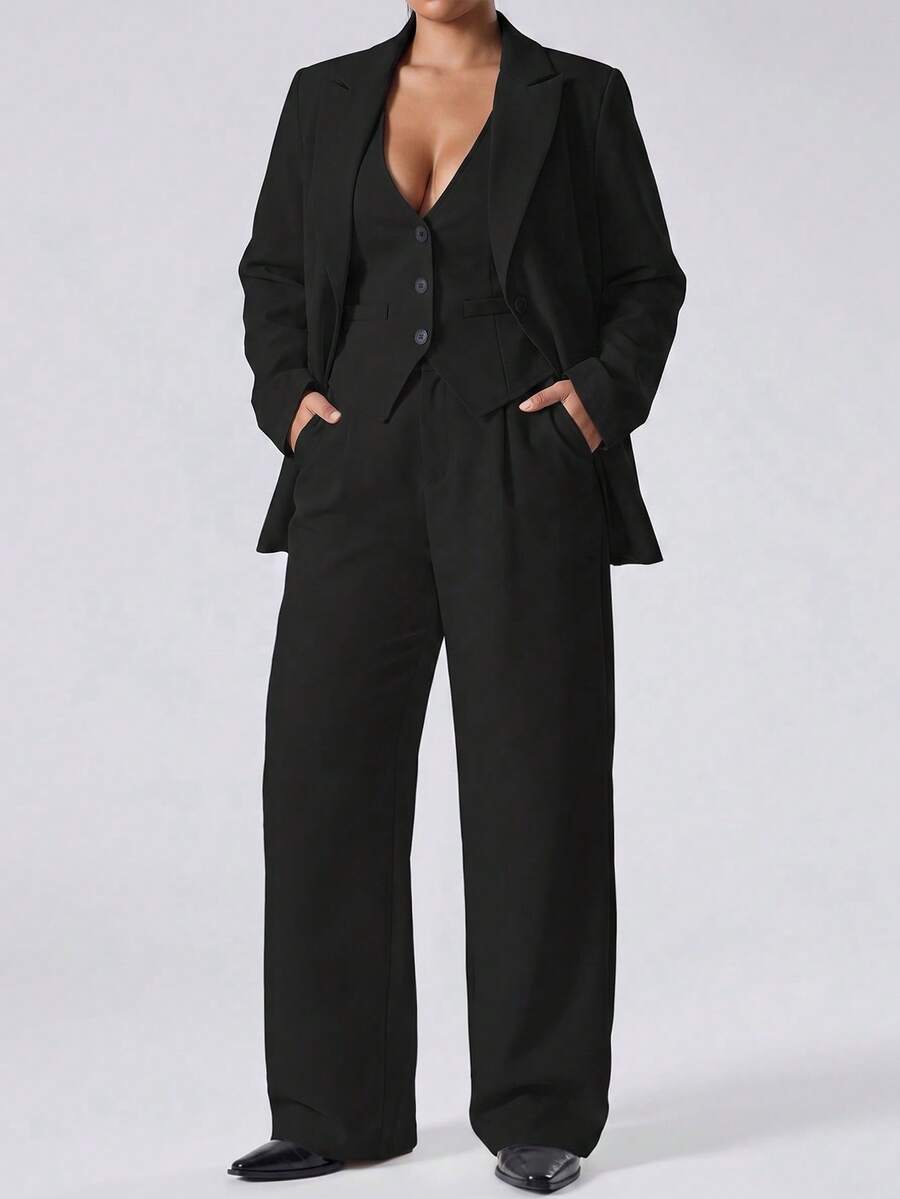 LYSMO Plus Size Women's Solid Color Single-Breasted Blazer Vest, Long Sleeve Jacket And Pants Suit Set