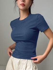DAZY 女士修身纯色圆领短袖休闲 T 恤 - 霧霾藍 - 查看 4