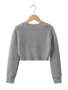 SHEIN Tween Girl Solid Color Casual Versatile Daily Long Sleeve Sweater - Grey - View 2