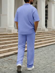 Manfinity Homme Men's Bubble Crinkle Fabric Suit Collar Short Sleeve Shirt + Drawstring Matching Color Long Pants Set, Essential For Outings And Gatherings, Standard For Successful Men, Gift For Husband - Dusty Blue - View 2