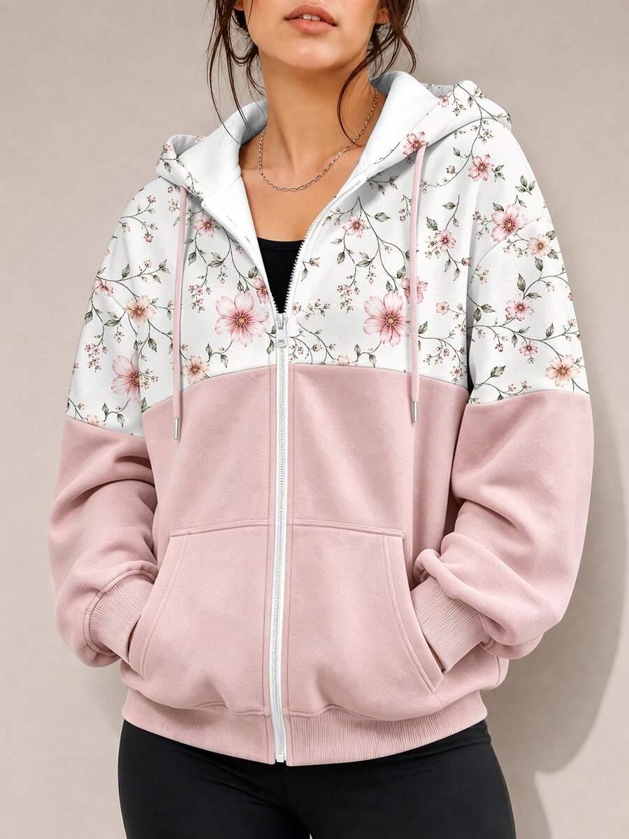 SHEIN Plus Size Women's Floral Print Long Sleeve Zip-Up Sweatshirt With Drawstring - Multicolor - View 1