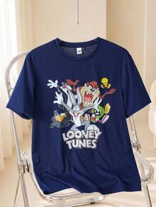 LOONEY TUNES X SHEIN 男士圓領短袖休閒百搭T恤 - 藏蓝色 - 查看 1