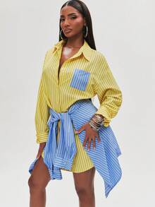NYA SZN Dress Mini Wrap Button Up Tie Detail Two Tone - Multicolor - View 6