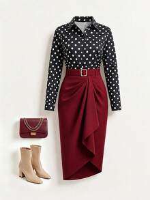 GlowEve CURVE Setelan 2 Potong Kemeja Polkadot Vintage + Rok Lipit Burgundy untuk Musim Gugur - Hitam - View 1