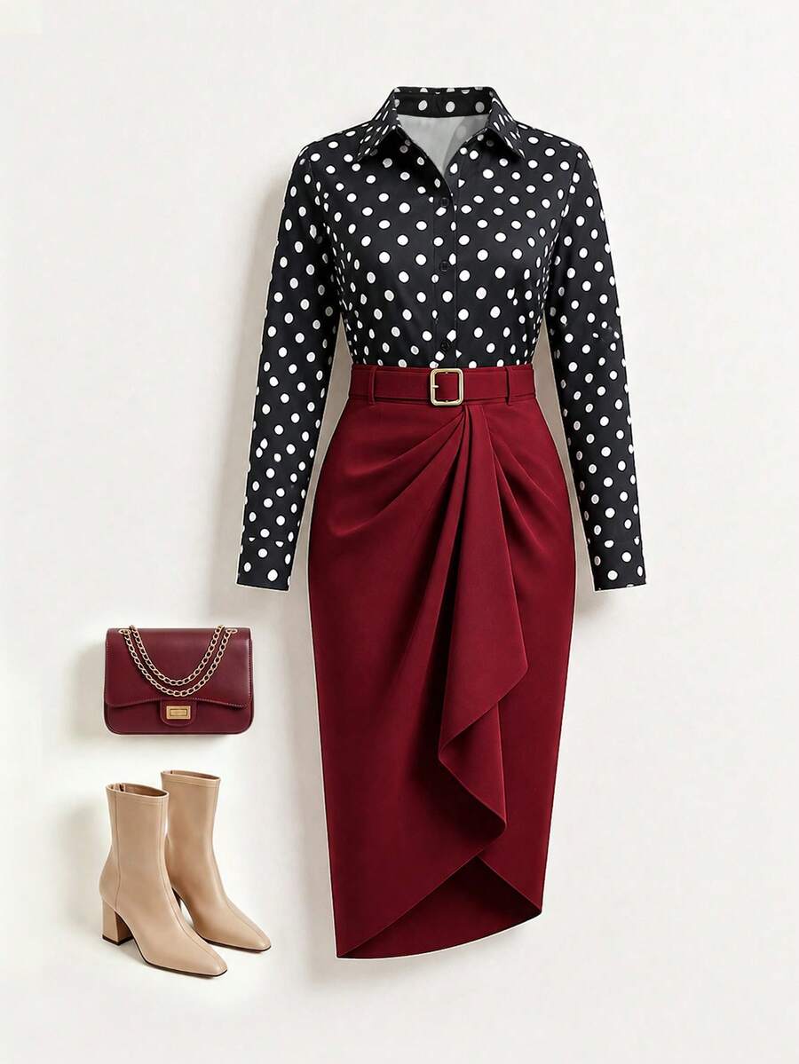 GlowEve CURVE Setelan 2 Potong Kemeja Polkadot Vintage + Rok Lipit Burgundy untuk Musim Gugur - Hitam - View 1