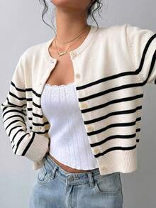 SHEIN BASICS 女款休閒法式海岸風黑白條紋針織衫 ( )，優雅秋季/約會早午餐日間、正式、辦公、工作 - 黑色 - 查看 6