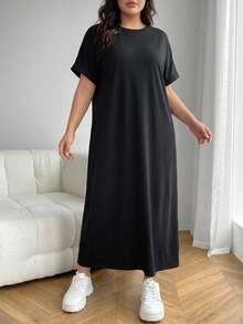 Dazy Plus Solid Color Casual Loose Long Black Versatile Knit Dress - Black - View 4
