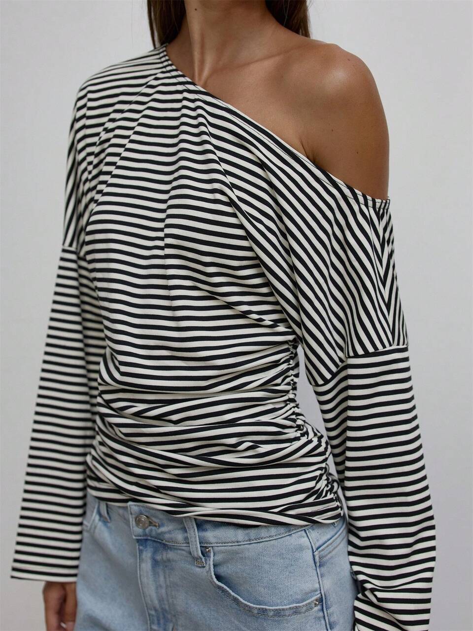 Black And White Striped Asymmetric One Shoulder Ruched Long Sleeve Top