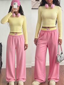SHEIN 青少年女孩休閒度假圓領長袖T恤與粉色寬腿褲2件套，拼色腰部粉色拼接收腰設計 - 彩色 - 查看 1