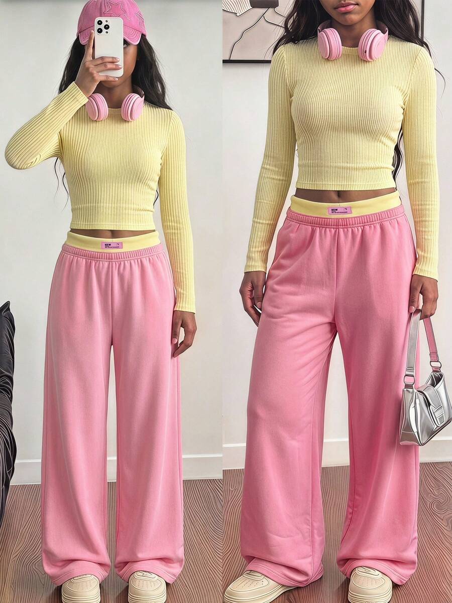 SHEIN 青少年女孩休閒度假圓領長袖T恤與粉色寬腿褲2件套,拼色腰部粉色拼接收腰設計 - 彩色 - 查看 1