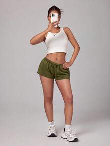 SHEIN PETITE 女款純色彈性腰鬆身休閒運動短褲 健身健身房運動穿搭 橄欖綠 夏季 - 軍綠色 - 查看 3
