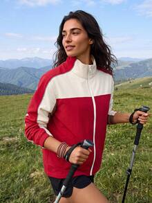 Exploreva Women's Colorblock Zipper Casual Versatile Daily Outdoor Softshell Jacket - Red - View 1