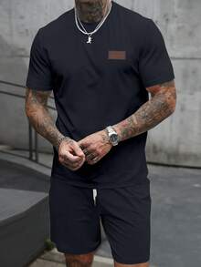 Manfinity Homme 男士皮革拼接裝飾休閒修身T恤套裝 - 藏蓝色 - 查看 4
