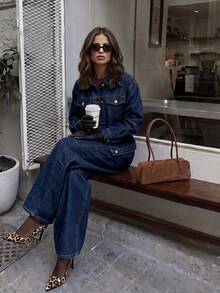 Firerie Women's Long Sleeve Single-Breasted Denim Jacket And Jeans Casual Set Fall/Winter - Blue - View 5