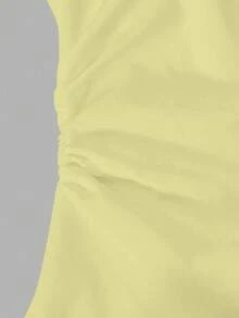 SHEIN بلوزة طويلة الأكمام بخصر مجعد وأزرار أمامية فردية للفتيات المراهقات في العطلات - أصفر - مشاهدة 4