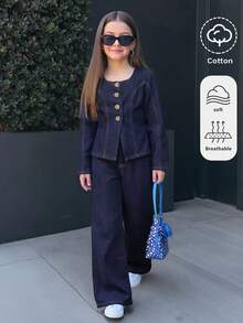 SHEIN Firerie Kids Girls' Dark Blue Denim Loose Jacket & Pants 2-Piece Set - Blue - View 2