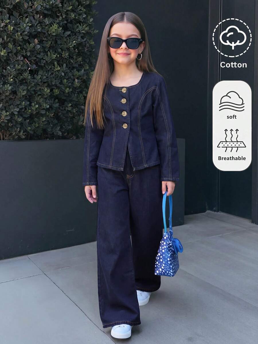 SHEIN Firerie Kids طقم بناتي من قطعتين جاكيت وبنطلون جينز فضفاض باللون الأزرق الداكن - الأزرق - مشاهدة 1