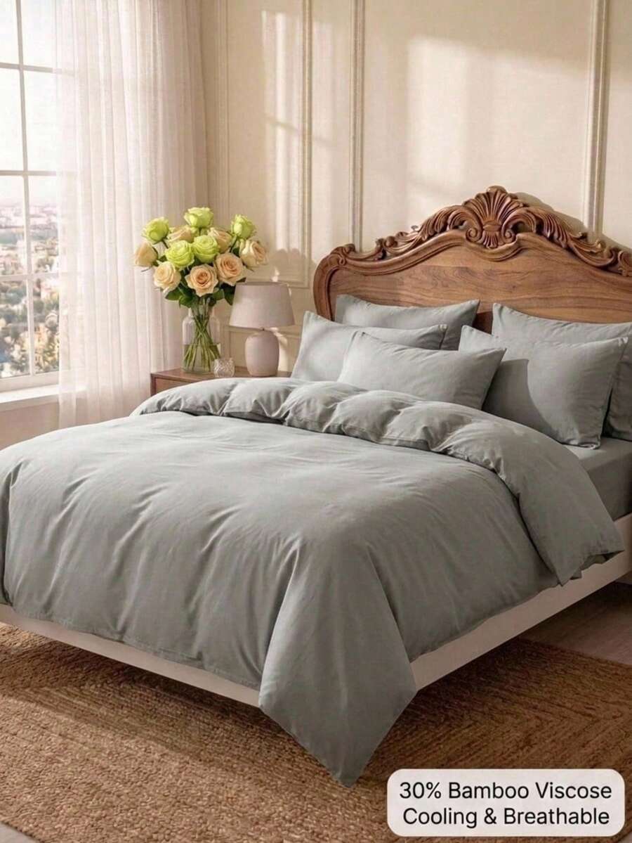 Cirelle 2/3pcs Bamboo Blend Bedding Set – 30% Viscose (Bamboo Pulp) + 70% Polyester, Ultra Soft & Breathable Cool Quilt Cover Set, Machine Washable (1 Cover + 2 Pillowcases, Insert Not Included) - Dark Grey - View 1