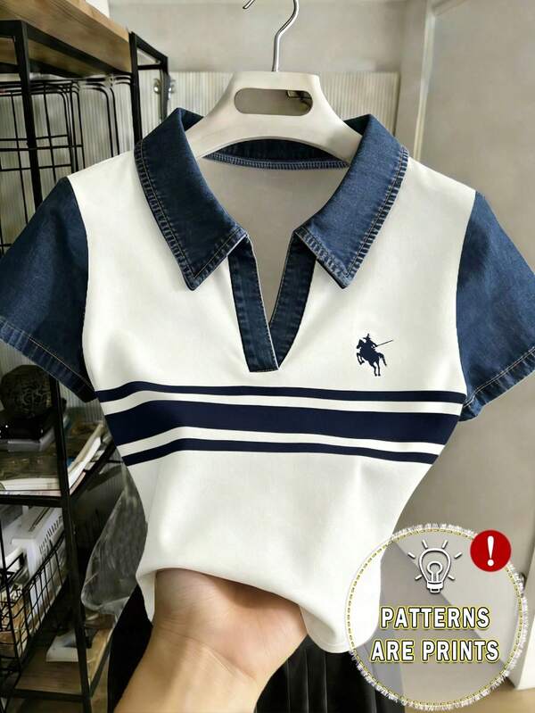 Resyla Camiseta casual de mujer con cuello polo de manga corta, estampado de rayas de efecto denim, primavera/verano 2026