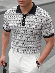 Manfinity Mode 2026春夏男士復古休閒保守風費爾島針織 Polo 衫，黑白復古對比色透氣度假款 - 彩色 - 查看 3