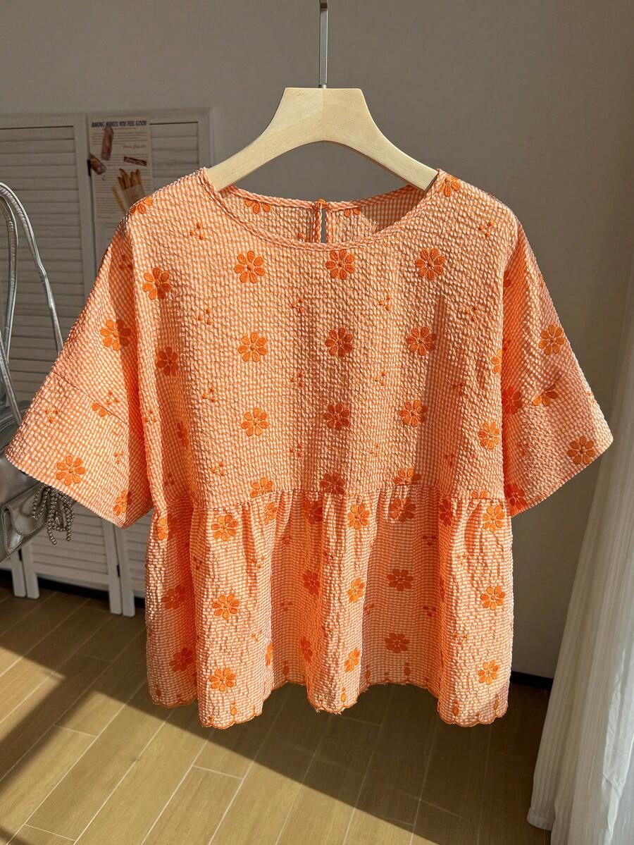 Comfortcana 女款大尺碼韓風刺繡圓領上衣,適合度假旅行、半正式場合,蜜桃色夏季可愛卡哇伊風 - 橘色 - 查看 1